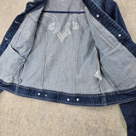 Rock 47 Womens Denim Jacket Dark Wash Embroidered Snap Closure Distressed Style - Picture 3 of 9